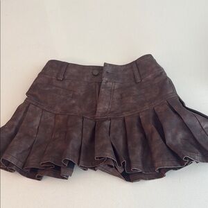 Brown Leather Pleated Mini Skort